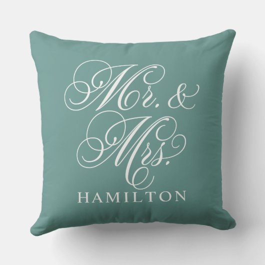 エレガントなグリーンのMr. and Mrs.スクリプトカスタムモノグラム クッション (裏面)
