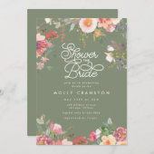 エレガントなグリーンガーデン ピンクの花のブライダルシャワー 招待状 (正面/裏面)