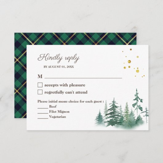 エレガントなグリーンゴールドの水彩樹の結婚式の出欠確認 出欠カード (正面/裏面)