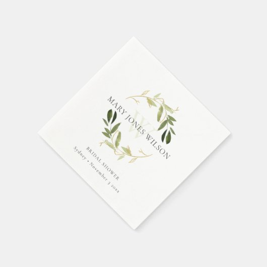 エレガントなグリーンゴールドの葉のリース ブライダルシャワー スタンダードカクテルナプキン (角)