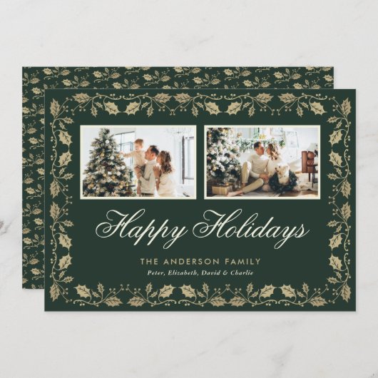エレガントなグリーンゴールドの2枚の写真のハッピー ホリデーズ カード (正面/裏面)