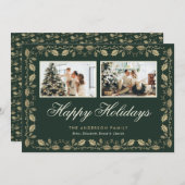 エレガントなグリーンゴールドの2枚の写真のハッピー ホリデー カード (正面/裏面)