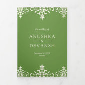 エレガントなグリーンダマスク伝統的なインドのウェディング 三つ折り招待状 (カバー)