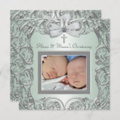 エレガントなグリーンツインズ フォト 洗礼招待状 招待状 (正面/裏面)