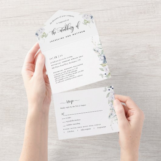 エレガントなグリーンナリー ホワイト ネイビーブルー フローラル ウェディング オールインワン招待状 (貼ってはがせる)