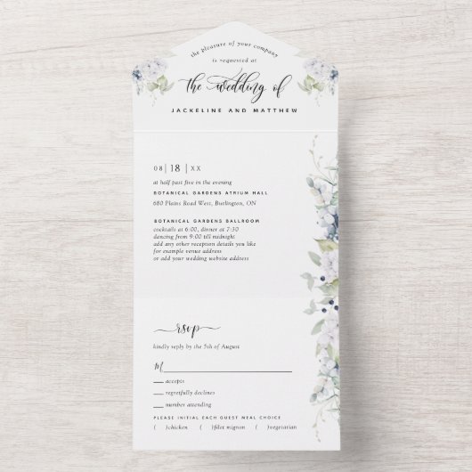 エレガントなグリーンナリー ホワイト ネイビーブルー フローラル ウェディング オールインワン招待状 (内側)