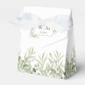 エレガントなグリーンフォリアージモノグラムウェディング フェイバーボックス (正面サイド)