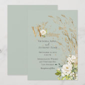 エレガントなグリーンフラワーのラスティックスクリプトウェディング 招待状 (正面/裏面)
