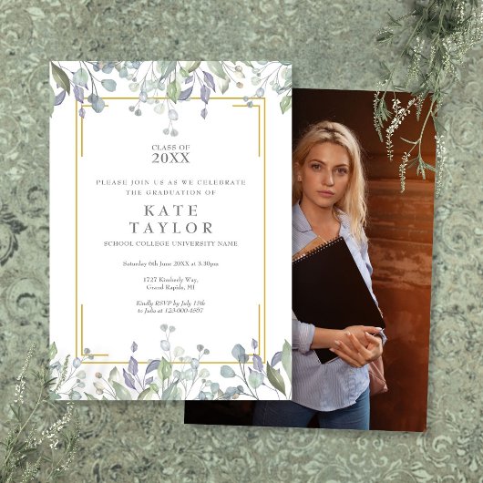 エレガントなグリーンフローラル写真 卒業パーティー 招待状