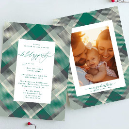 エレガントなグリーンプレイドフォトクリスマスホリデーパーティー 招待状