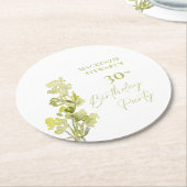エレガントなグリーンボタニカルウォーターカラー30歳の誕生日 ラウンドペーパーコースター (アングル)