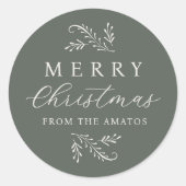 エレガントなグリーンボタニカルパーソナライズドクリスマス ラウンドシール (正面)