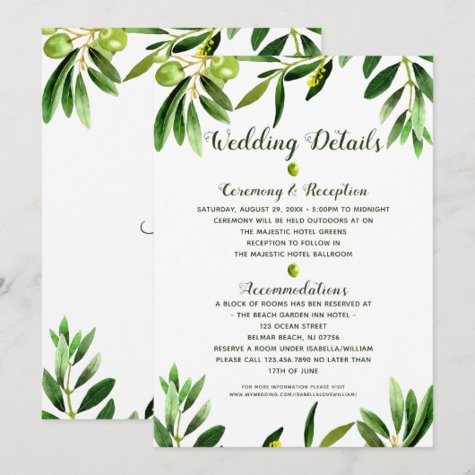 エレガントなグリーンボホサマーウェディング詳細カード 招待状 (正面/裏面)