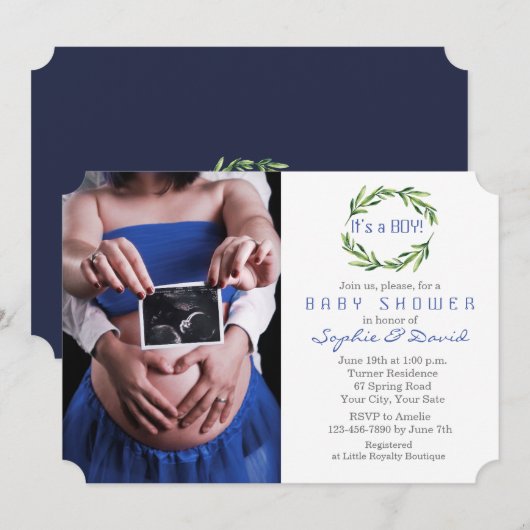 エレガントなグリーンリースの写真ボーイ ベイビーシャワー 招待状 (正面/裏面)