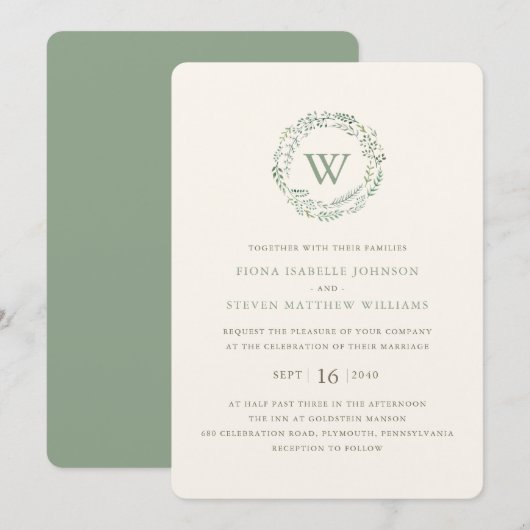 エレガントなグリーンリース ウォーターカラー結婚式 招待状 (正面/裏面)