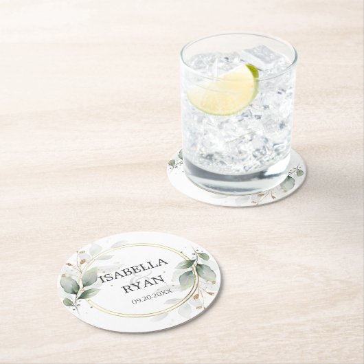 エレガントなグリーンリーフ ゴールド ウェディング ラウンドペーパーコースター (インサイチュ)