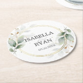 エレガントなグリーンリーフ ゴールド ウェディング ラウンドペーパーコースター (アングル)