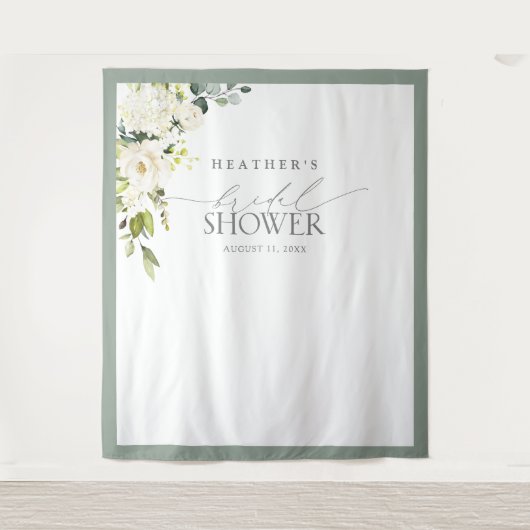 エレガントなグリーン水彩花柄シャワー写真撮影ブース タペストリー (正面)