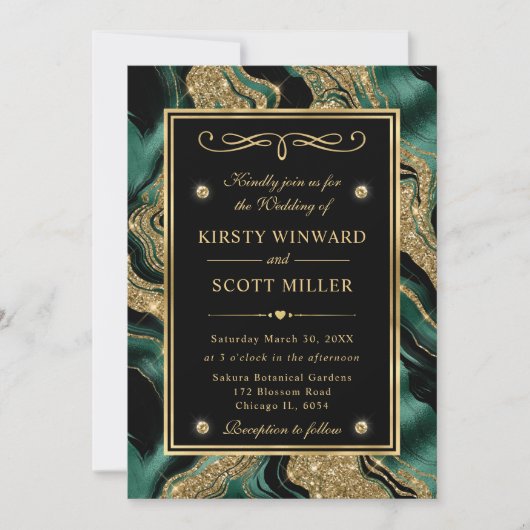 エレガントなグリーン箔とゴールドグリッターアゲートのウェディング 招待状 (正面)