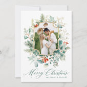 エレガントなグリーン ウォーターカラー メリークリスマス シーズンカード (正面)