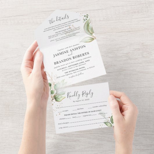 エレガントなグリーン＆ゴールドのウェディング オールインワン招待状 (貼ってはがせる)