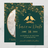 エレガントなグリーン&ゴールドの花鳥カスタム写真 セーブザデート (正面/裏面)