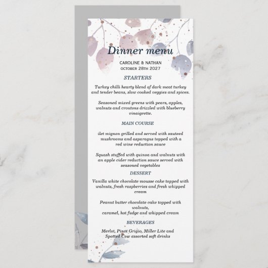 エレガントなグリーン シンプルウェディングメニュー 招待状 (正面/裏面)