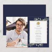 エレガントなグリーン ネイビーブルー 卒業パーティー フォト 招待状 (正面/裏面)