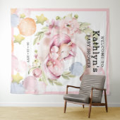 エレガントなグリーン ピンクのユニコーンの女の子 ベイビーシャワー タペストリー (インサイチュ(横))