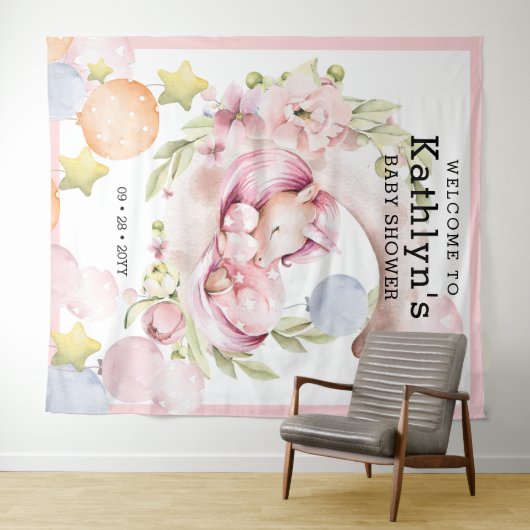 エレガントなグリーン ピンクのユニコーンの女の子 ベイビーシャワー タペストリー (インサイチュ(横))