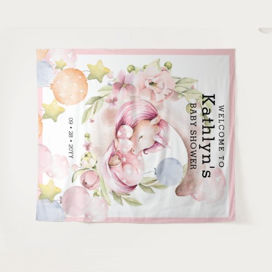 エレガントなグリーン ピンクのユニコーンの女の子 ベイビーシャワー タペストリー (正面(横))