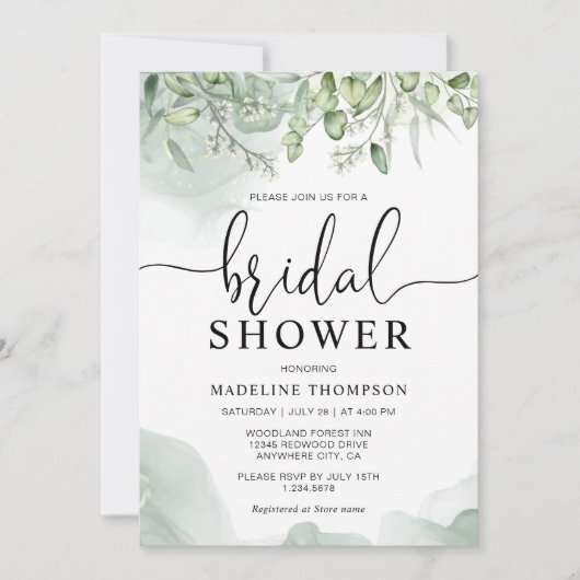 エレガントなグリーン フローラル ユーカリ ブライダルシャワー I 招待状 (正面)