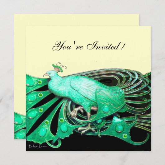 エレガントなグリーン、ブラック、ゴールドの孔雀 招待状 (正面/裏面)