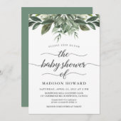 エレガントなグリーン ベイビー シャワー 招待状 (正面/裏面)