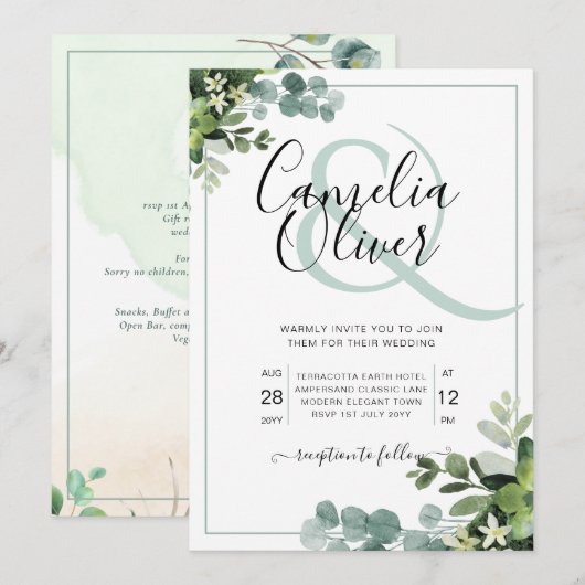 エレガントなグリーン ボタニカル アンパサンド ウェディング インビテ 招待状 (正面/裏面)