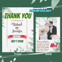 エレガントなグリーン+ミニマリストのカスタムフォト結婚式 サンキューカード