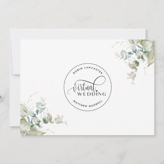 エレガントなグリーン、ユニークなオンライン仮想結婚式 セーブザデート (裏面)