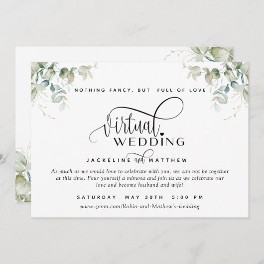 エレガントなグリーン、ユニークなオンライン仮想結婚式 セーブザデート (正面/裏面)