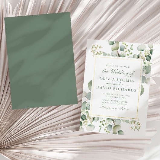 エレガントなグリーン・ユーカリの植物画 ゴールド ウェディング 箔招待状