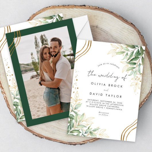 エレガントなグリーン ユーカリの葉の写真 ウェディング 招待状