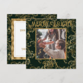 エレガントなグリーン ヴィンテージ フォト Merry & Bright シーズンカード (正面/裏面)