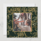 エレガントなグリーン ヴィンテージ フォト Merry & Bright シーズンカード (正面)