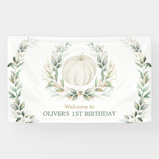 エレガントなグリーン 秋のカボチャ 1歳の誕生日おめでとう 横断幕 (横)