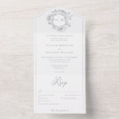 エレガントなグレイのシノワーズリー鳥の紋章 ウェディングディナー オールインワン招待状 (内側)