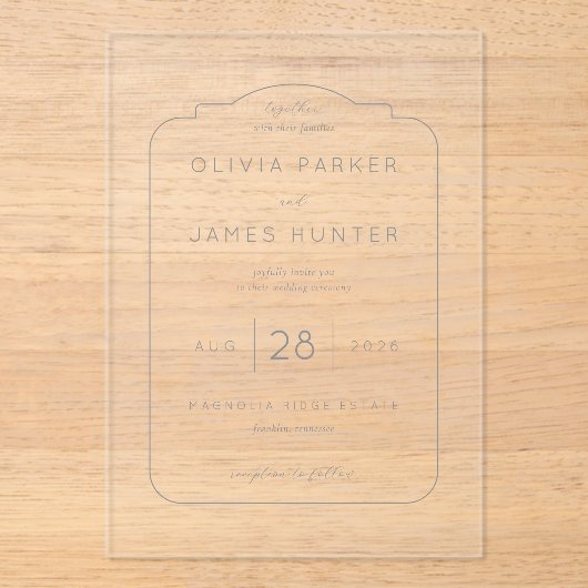 エレガントなグレイのミニマルな結婚式の招待状 アクリル招待状 (正面)