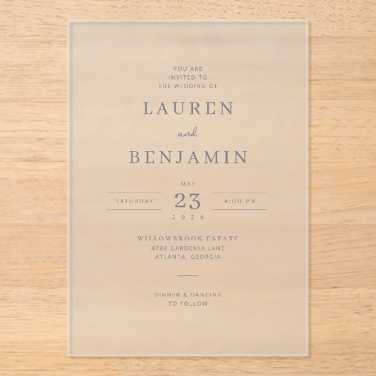 エレガントなグレイのミニマルな結婚式の招待状 アクリル招待状 (正面)