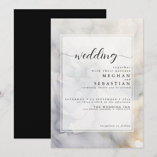 エレガントなグレーとパールゴールドのソフトクラウド 招待状 (正面/裏面)