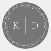 エレガントなグレーとホワイトのブドウの花輪モノグラム ラウンドシール (正面)