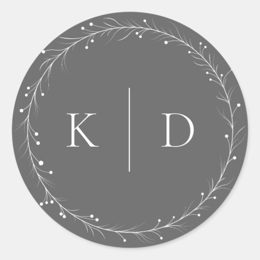 エレガントなグレーとホワイトのブドウの花輪モノグラム ラウンドシール (正面)
