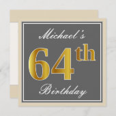 エレガントなグレーの疑似ゴールド６４歳の誕生日＋名前 招待状 (正面/裏面)